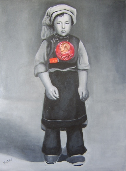 This gallery consists of monochrome paintings inspired by black and white photographs of Ping and her husband as children