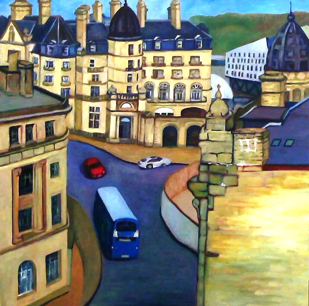 Broadway 1 is part of Ping's collection of paintings Chronicling the constructiona nd development of the Broadway Shopping M<all as it rose from the Pit in the centre of Bradford