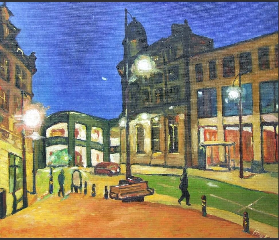 Broadway 10 depicts the western side of the newly built Broadway Shopping Mall that replaced the unsightly wasteland in the centre of Bradford
