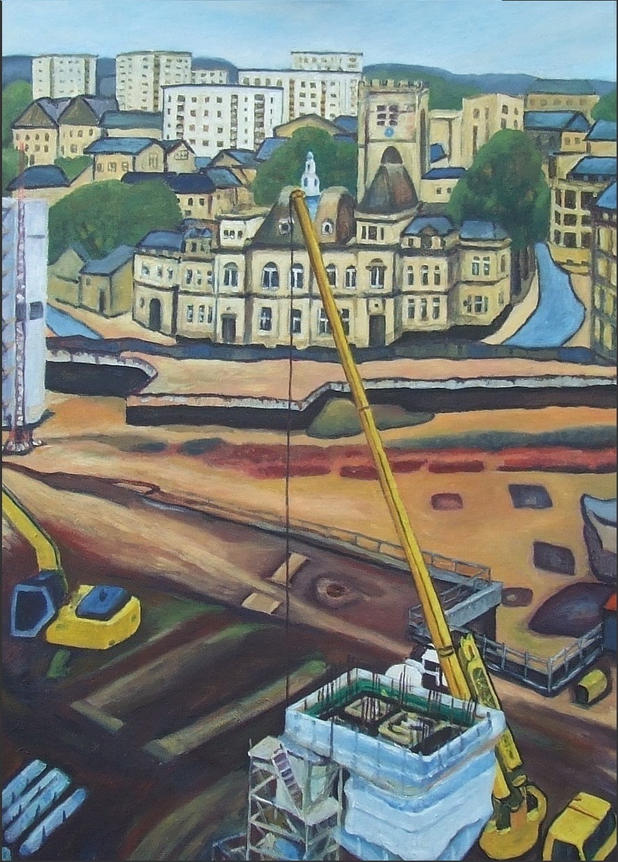 Broadway 11 is part of Ping's collection of paintings Chronicling the construction and development of the Broadway Shopping Mall as it rose from the Pit in the centre of Bradford
