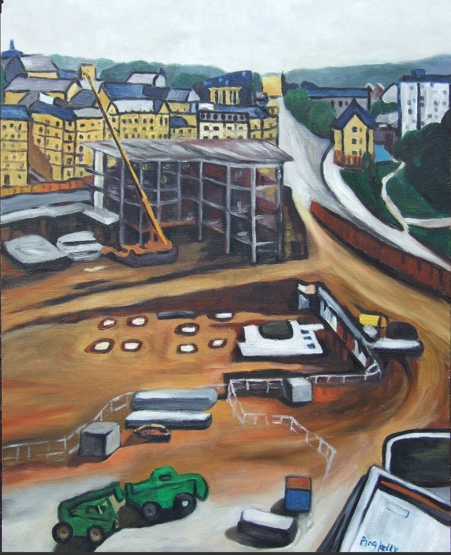 Broadway 12 is part of Ping's collection of paintings Chronicling the construction and development of the Broadway Shopping Mall as it rose from the Pit in the centre of Bradford