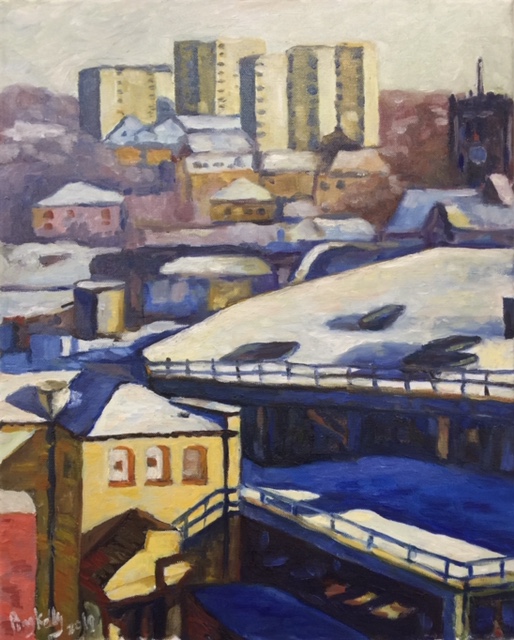 Broadway 14 is part of Ping's collection of paintings Chronicling the construction and development of the Broadway Shopping Mall as it rose from the Pit in the centre of Bradford