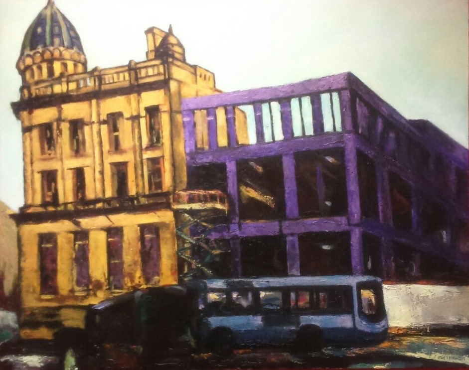 Broadway 2 is part of Ping's collection of paintings Chronicling the constructiona nd development of the Broadway Shopping M<all as it rose from the Pit in the centre of Bradford