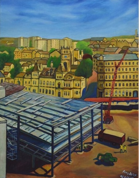 Broadway 4 is part of Ping's collection of paintings Chronicling the constructiona nd development of the Broadway Shopping M<all as it rose from the Pit in the centre of Bradford
