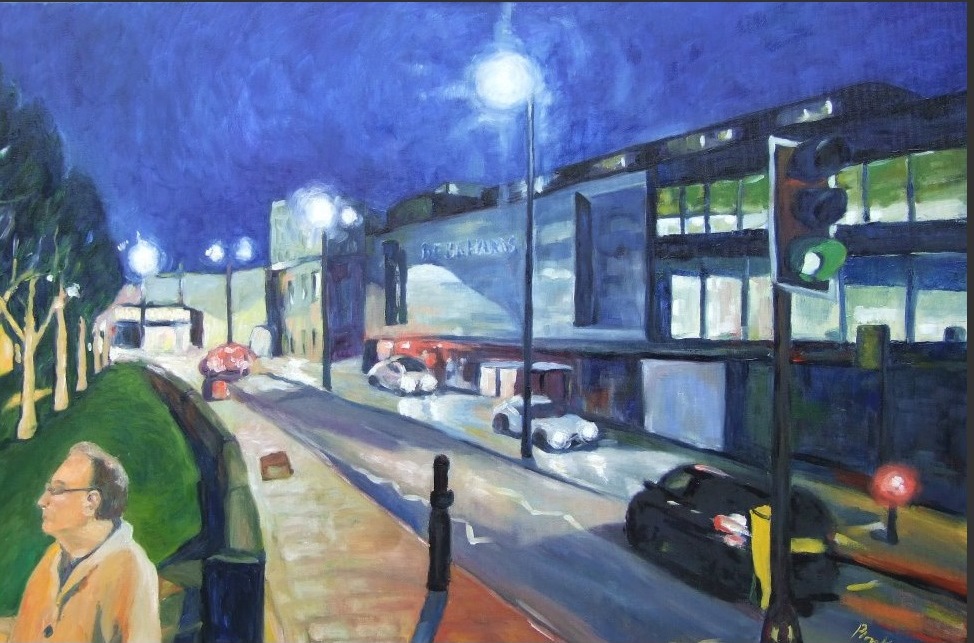 Broadway 6  depicts the south eastern side of the completed Broadway Center. This is one of a series of paintings in Ping's collection, chronicling the construction and development of the Broadway Shopping Mall 