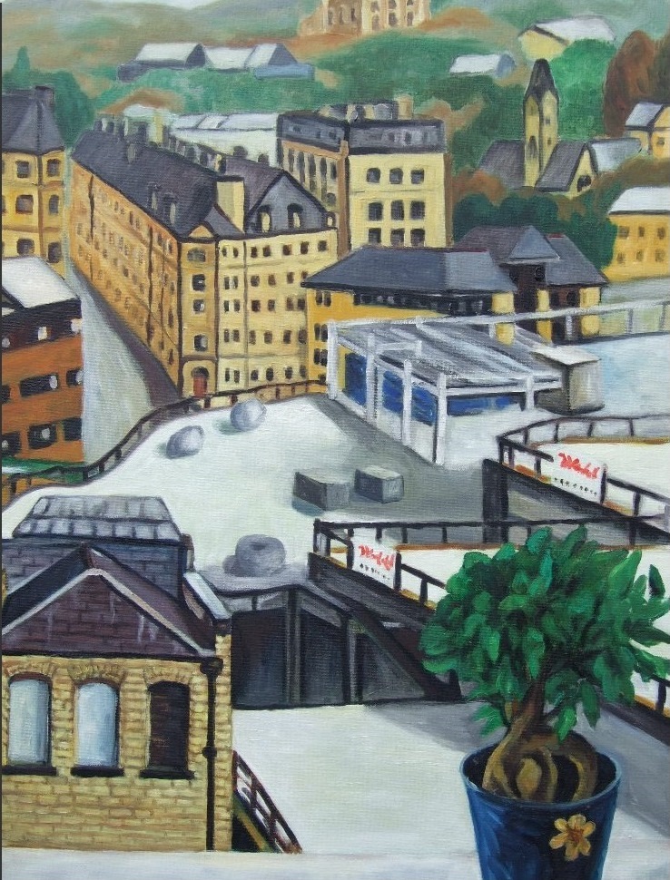 Broadway 7 is part of Ping's collection of paintings Chronicling the construction and development of the Broadway Shopping Mall as it rose from the Pit in the centre of Bradford