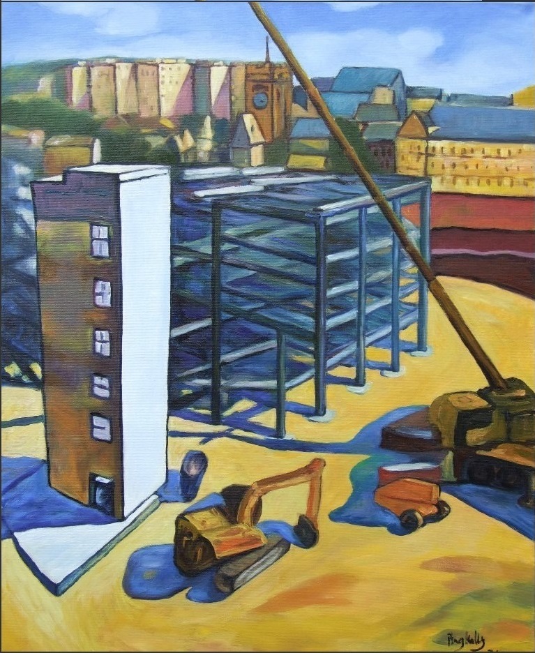 Broadway 8 is part of Ping's collection of paintings Chronicling the construction and development of the Broadway Shopping Mall as it rose from the Pit in the centre of Bradford
