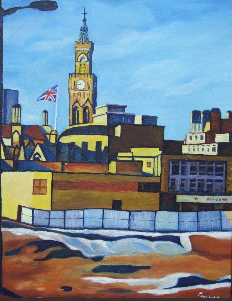 Broadway 9 is part of Ping's collection of paintings Chronicling the construction and development of the Broadway Shopping Mall as it rose from the Pit in the centre of Bradford