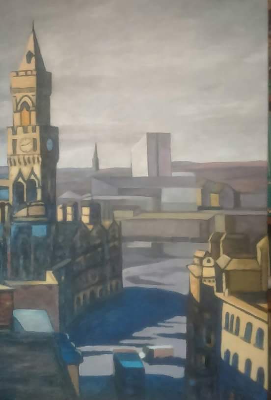 Market Street depicts the view of Bradford seen from her temporary studio space  and accompanies  Ping's collection of paintings Chronicling the construction of the Broadway Shopping Mall as it rose from the Pit in the centre of Bradford