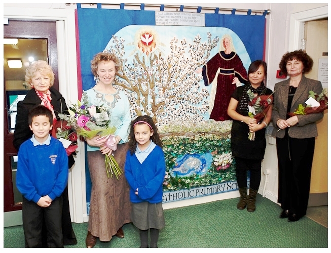 wall hanging depicting st winefride created by local artists including Ping Kelly and Christine Hughes